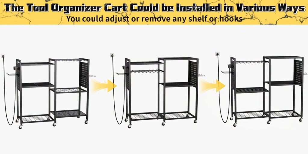 Mobile Tool Cart with Charging Station – 12 Drill Holders & 5 Storage Shelves Power Tool Organizer | Rolling Utility Rack Toolbox with Battery Charging Power Strip for Garage & Workshop | 4 Colors