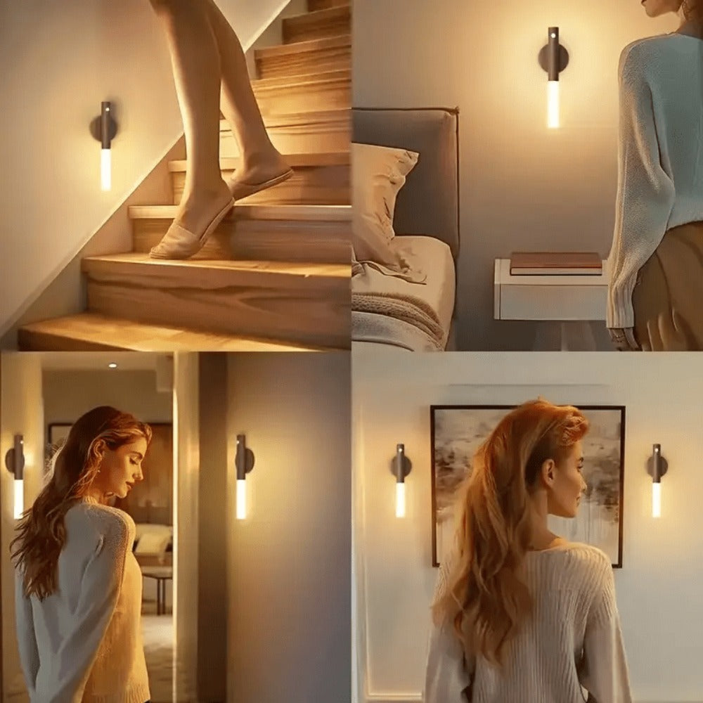 Motion Night Light, Rechargeable LED IPX4 Waterproof Wood Grain & Walnut Under Cabinet Step Lamp for Staircase
