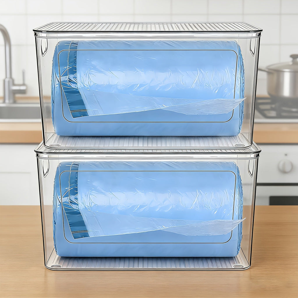 Trash Bag Dispenser 2 Pack – Clear Stackable Garbage Bag Holder for 13/30/33 Gallon Bags, Under Sink Organizer, Locking Lid, Anti-Slip, Kitchen Pantry Laundry Room Cabinet Storage