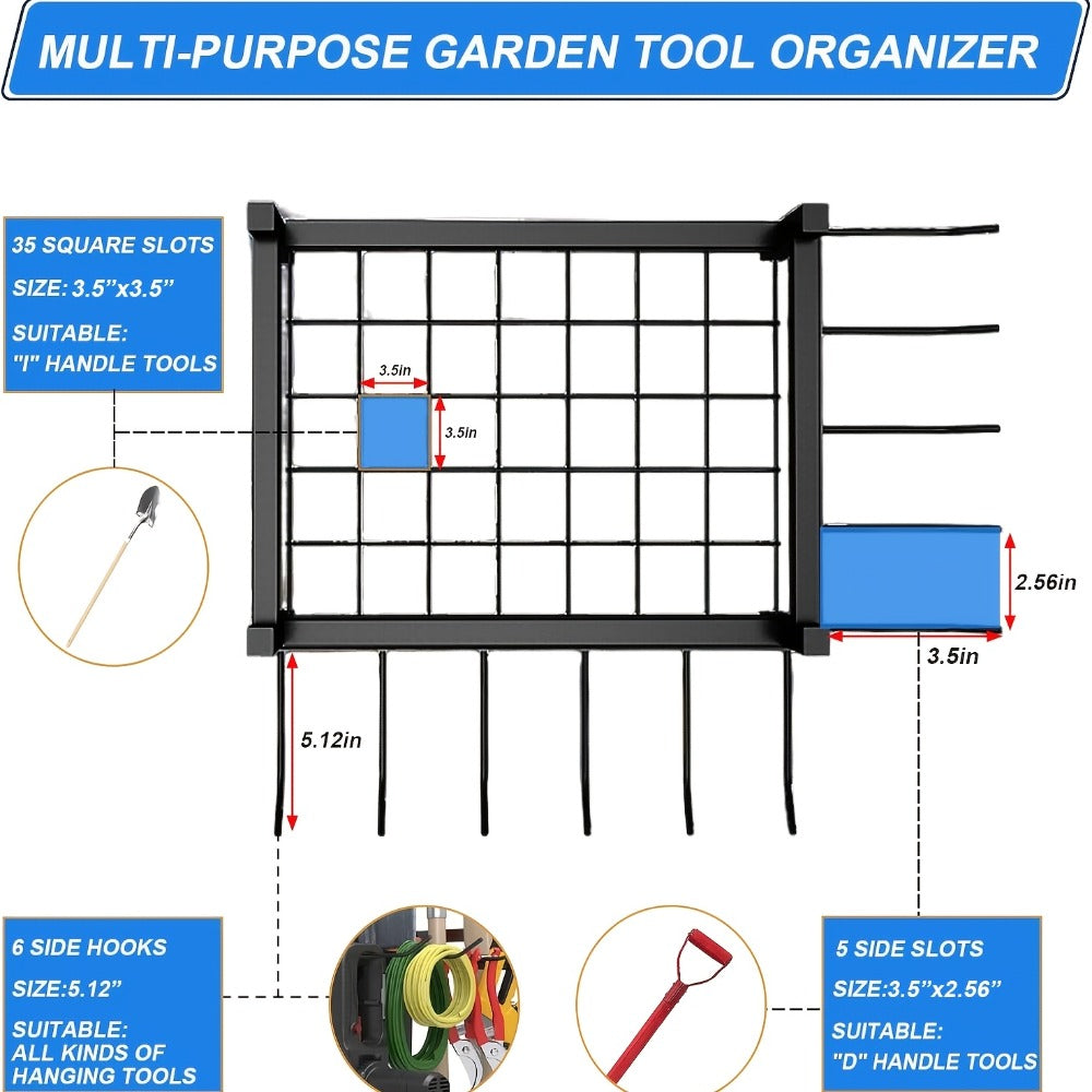 Tool Storage Rack, Storage Bag Metal Yard Tool Organizer for Garage Holds 35 Long-Handled Tools, Rake Stand Holder