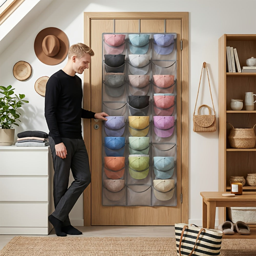 Hat Organizer, Baseball Cap Rack, Large Clear Pockets and 3 Hooks for Hat Storage Protection and Display in Closet