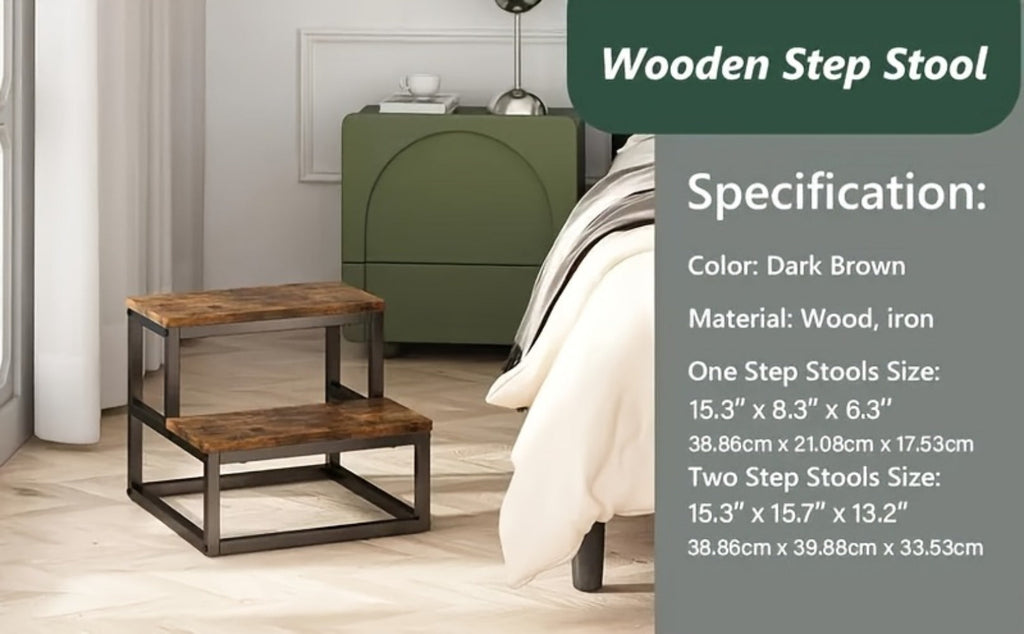 2-Step Wooden Step Stool Heavy Duty for Adults – Solid Wood Two Tier Stepping Stool, Multifunctional Bedside Step Ladder, Portable Non-Slip Foot Stool for Bathroom, Bedroom, Kitchen, Office – Easy to Carry, Durable Build