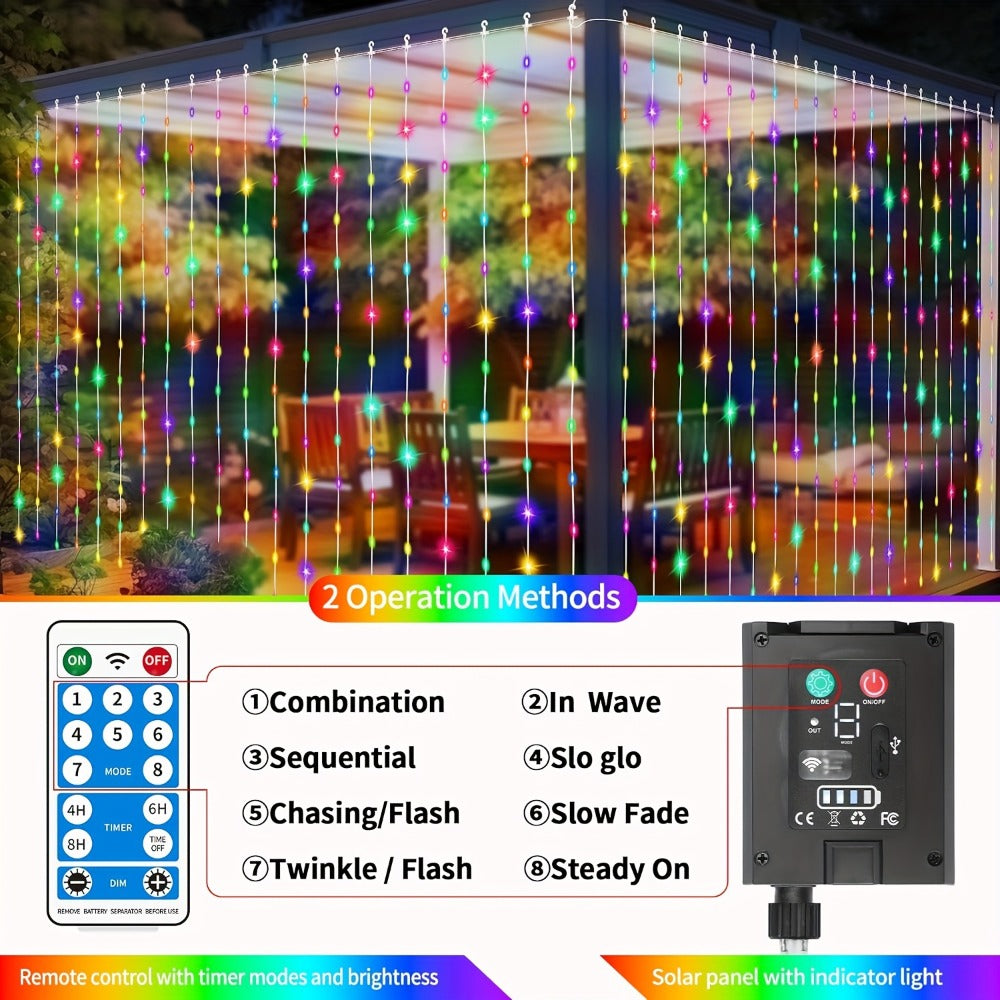 Outdoor String Lights, Solar Curtain Lights Outdoor 300 LED Waterfall Fairy String Lights, 1200mAh lithium rechargeable
