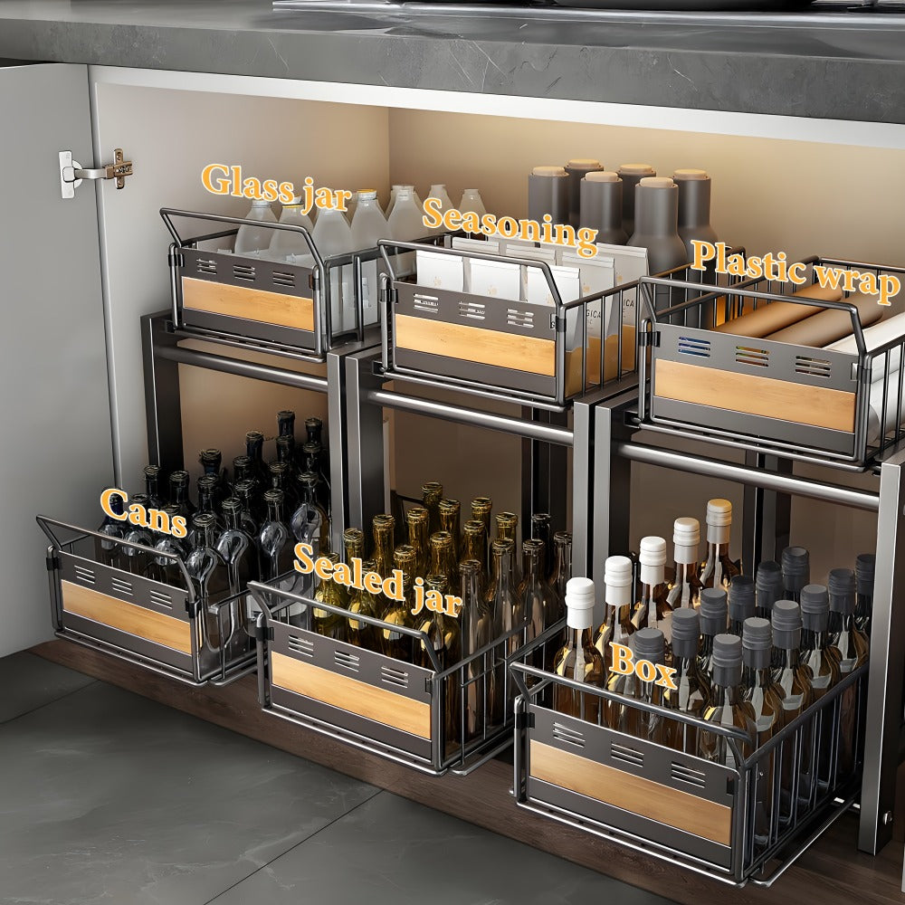 Under Cabinet Organizer in a Carbon Steel Design with Wood Accents
