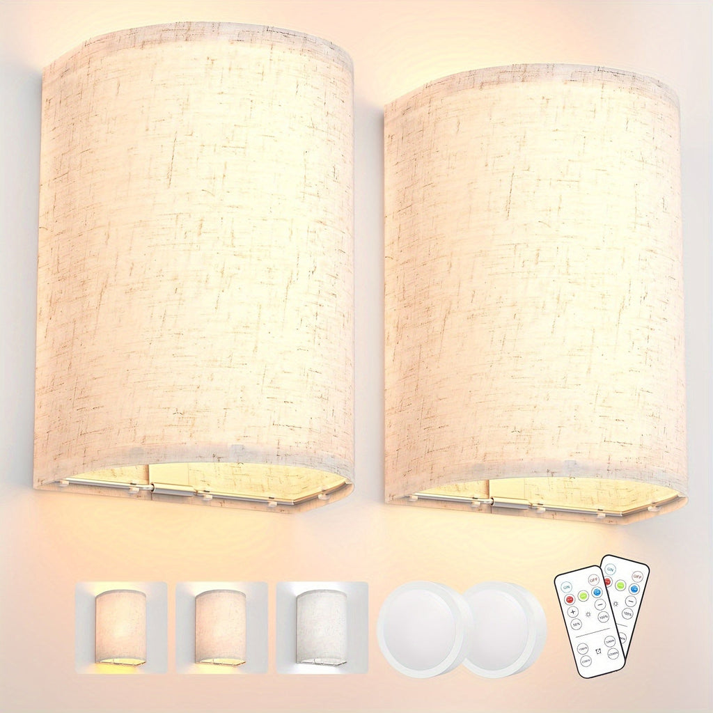 Rechargeable Wall Sconce, Set of 2 Wireless Fabric Shade Wall Light, No Wiring for Bedroom Living Room Hallway Decor