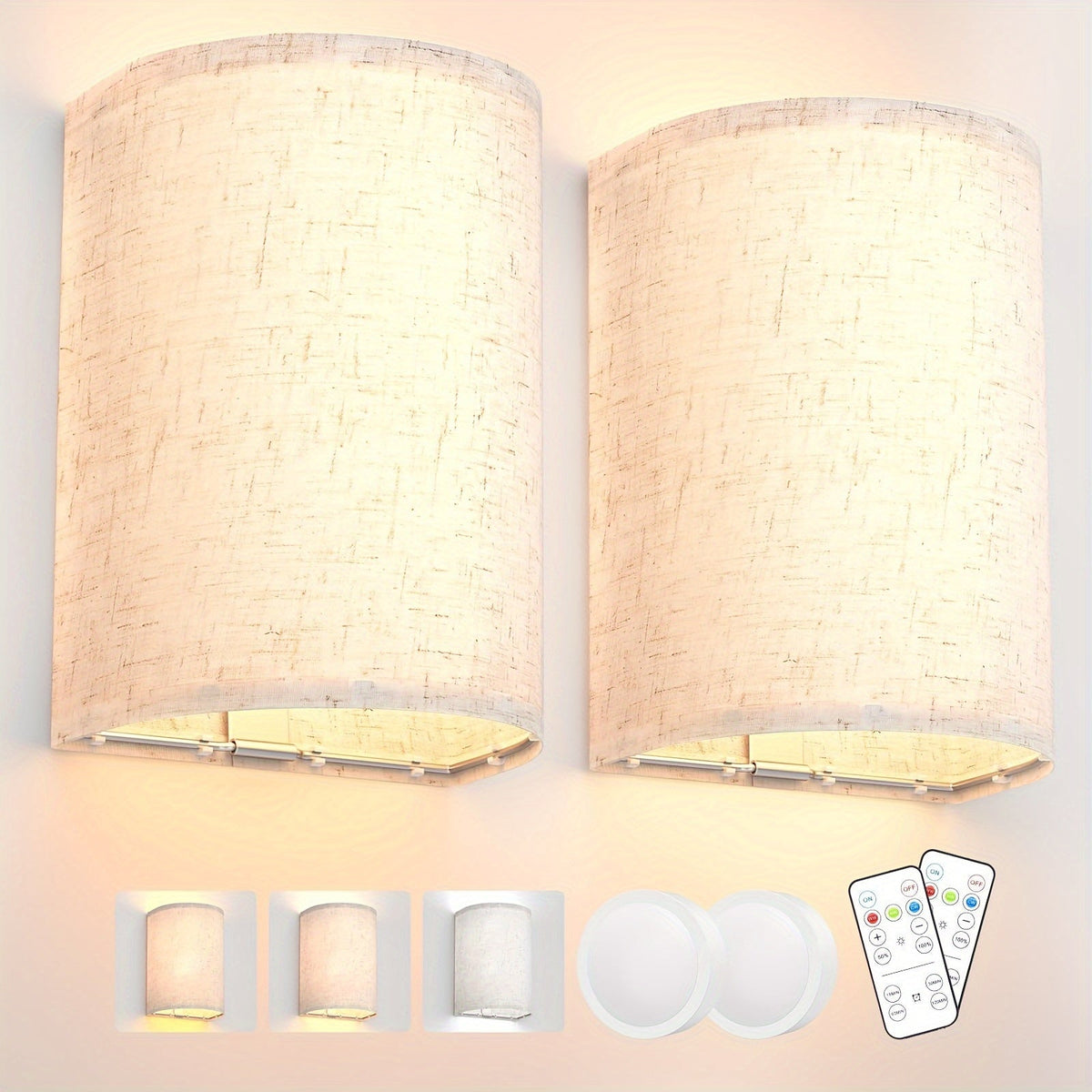 Rechargeable Wall Sconce, Set of 2 Wireless Fabric Shade Wall Light, No Wiring for Bedroom Living Room Hallway Decor