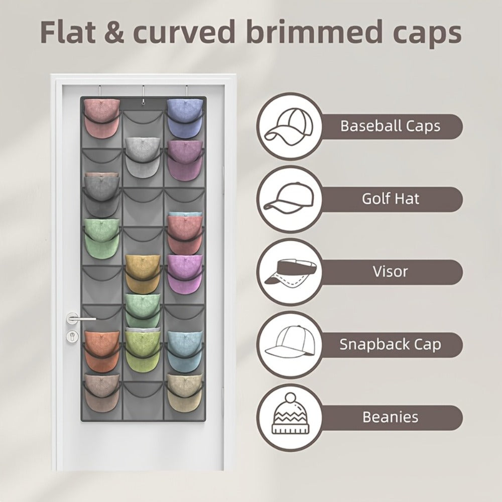 Hat Organizer, Baseball Cap Rack, Large Clear Pockets and 3 Hooks for Hat Storage Protection and Display in Closet