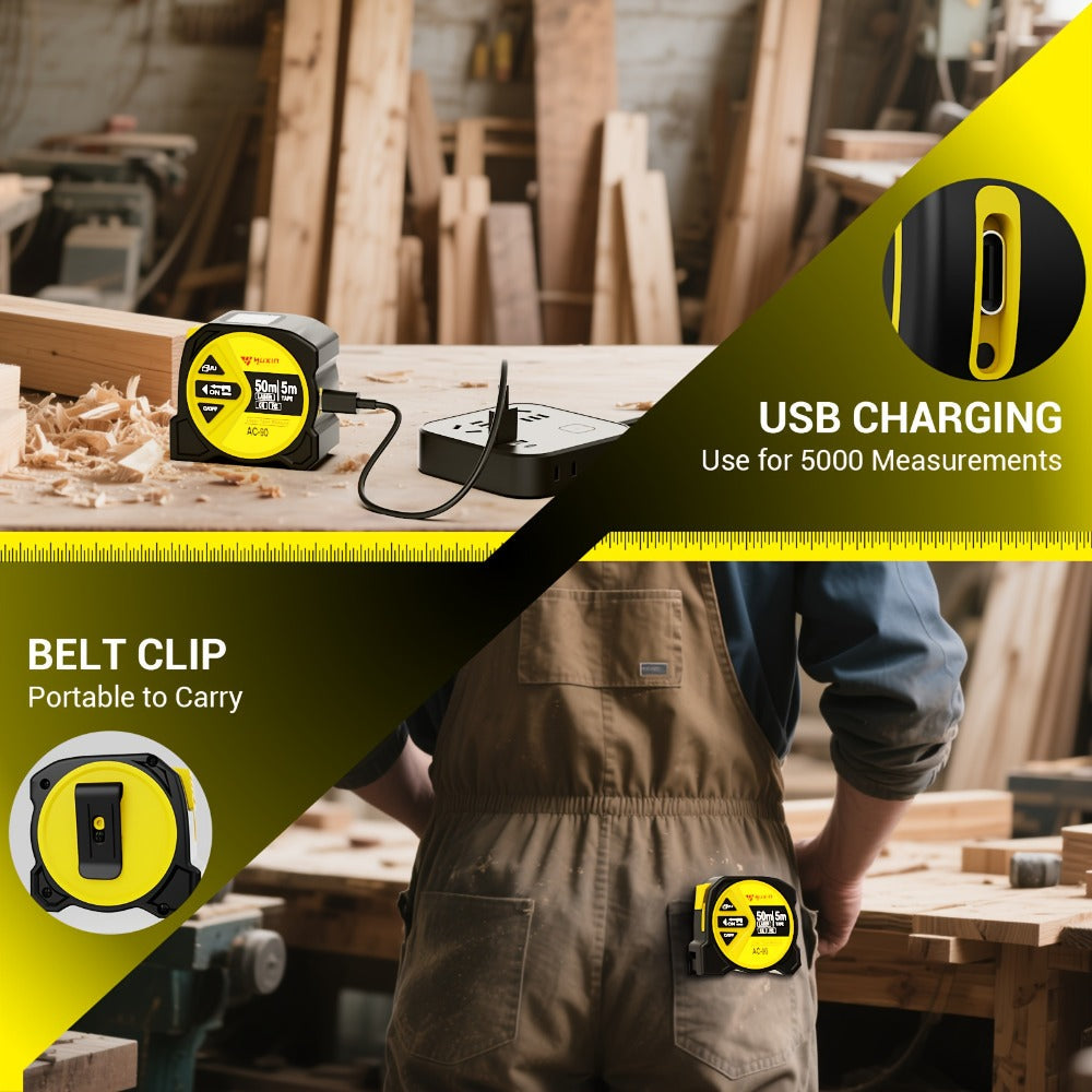 Laser Tape Measure 3-in-1 Digital Distance Meter 50M 165ft High Precision Infrared Rangefinder Smart HD Display USB Charging M In Ft Unit Switching Portable Measuring Tool