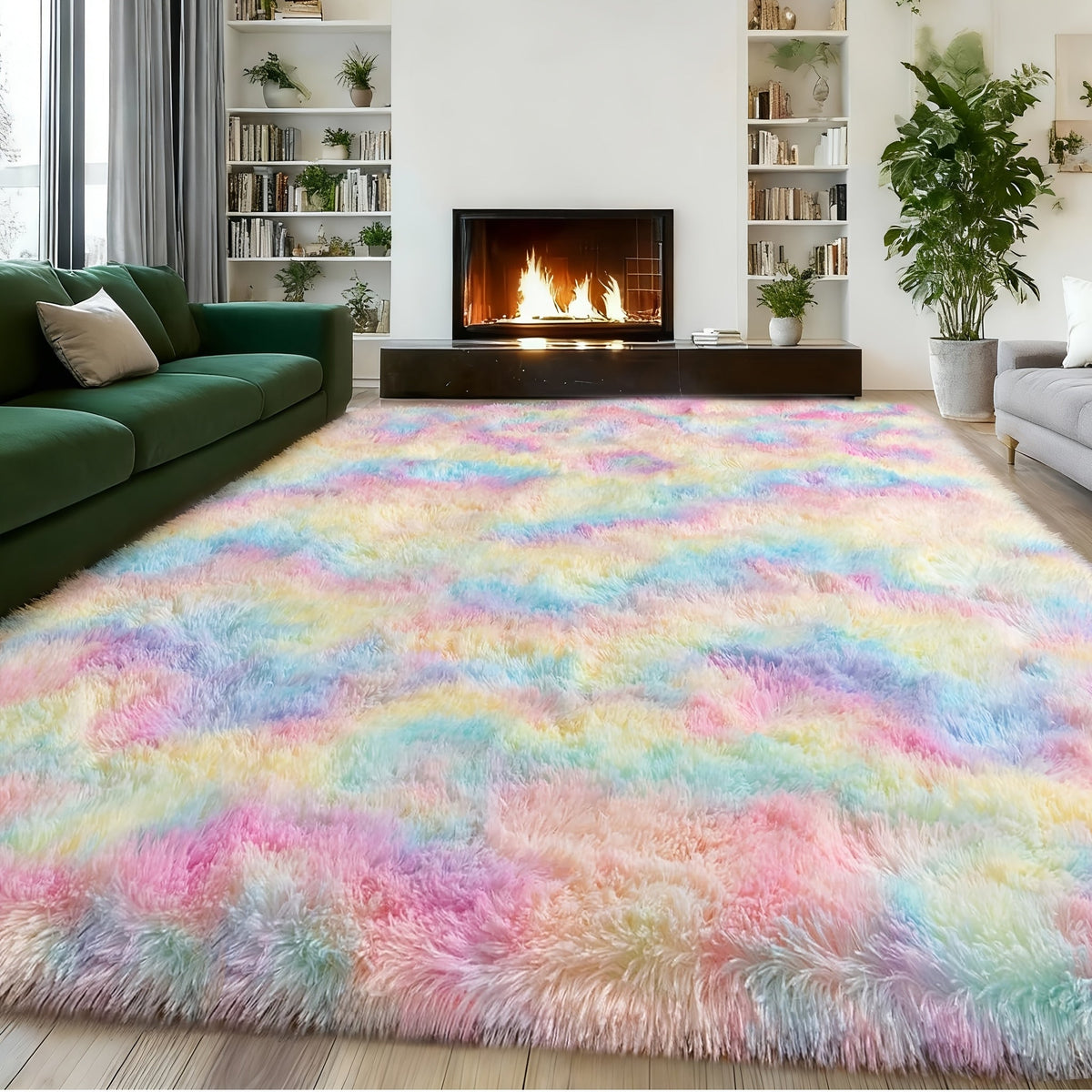 Rainbow Tie Dye Shag Area Rug – Soft Fluffy Non-Slip Machine Washable Carpet for Living Room Bedroom Home Office