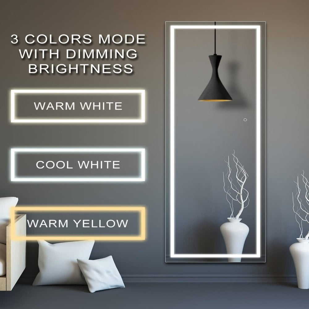 Full Length Mirror with LED Lights & Touch Sensor – 64"x21" Dimmable Smart Floor Mirror, Wall Mount or Freestanding, Slim Modern Frame for Bedroom, Vanity & Dressing Room