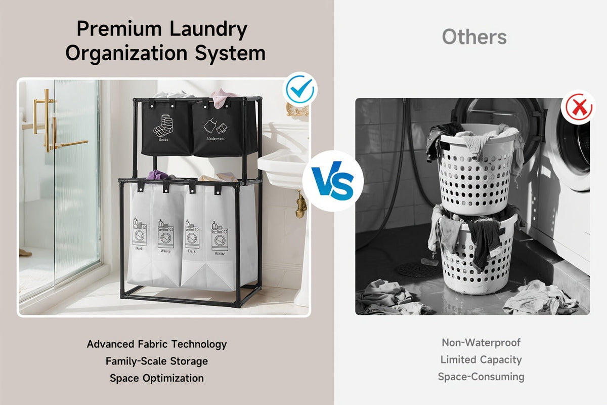 Laundry Sorter 2-Tier with Removable Bins - Collapsible Clothes Hamper Oxford Fabric Double Laundry Basket for Bedroom Bathroom Kids Adults Dorm Travel with 10 Cable Ties