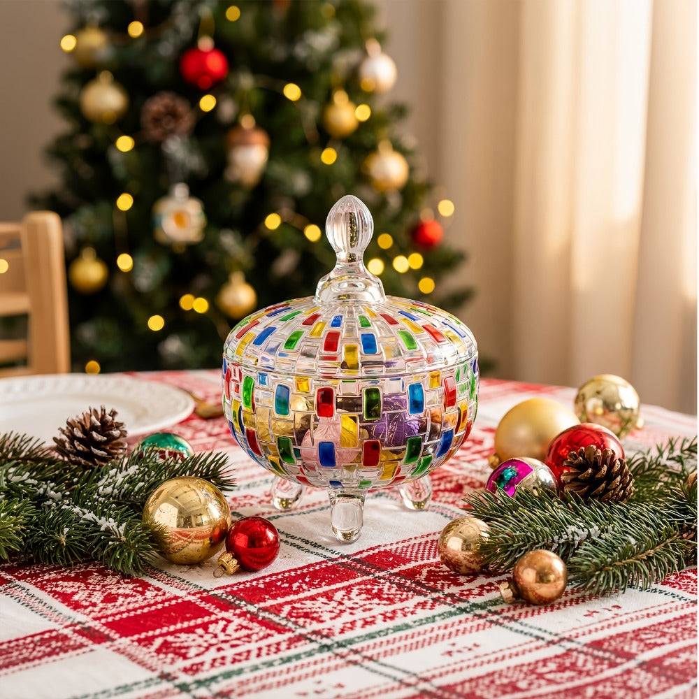 Crystal Glass Candy Dish with Lid and Tongs for Family and Friends