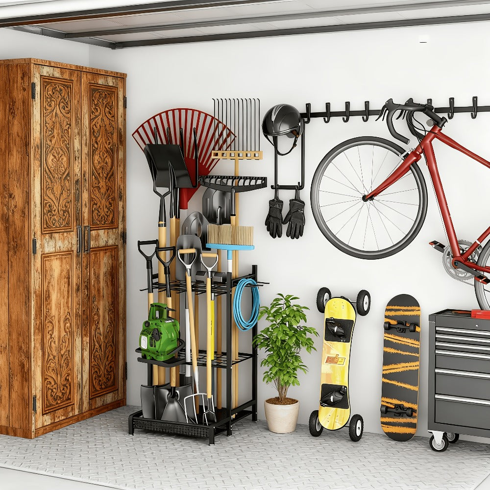 Freestanding Heavy-Duty Metal Storage Rack with Hooks for Long-Handled Yard Tools in the Garage, Garden Tool Organizer