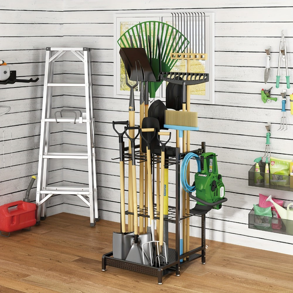 Freestanding Heavy-Duty Metal Storage Rack with Hooks for Long-Handled Yard Tools in the Garage, Garden Tool Organizer