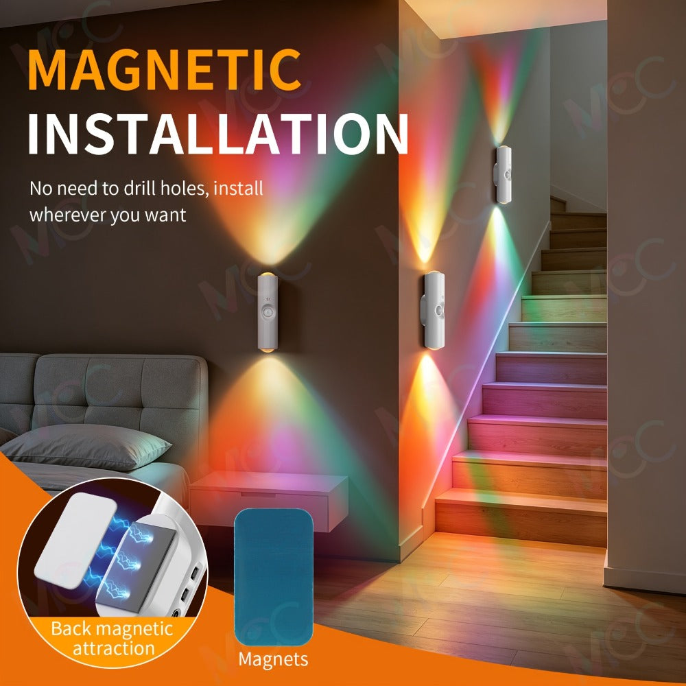 Night Light, LED Magnetic Dual Voice & Motion Sensor 9 Colors Dimmable, Drill-Free Magnetic Install for Hallway