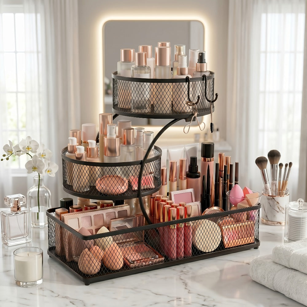 Bathroom Rack in a Metal Design with a Spray Bottle and the Hooks