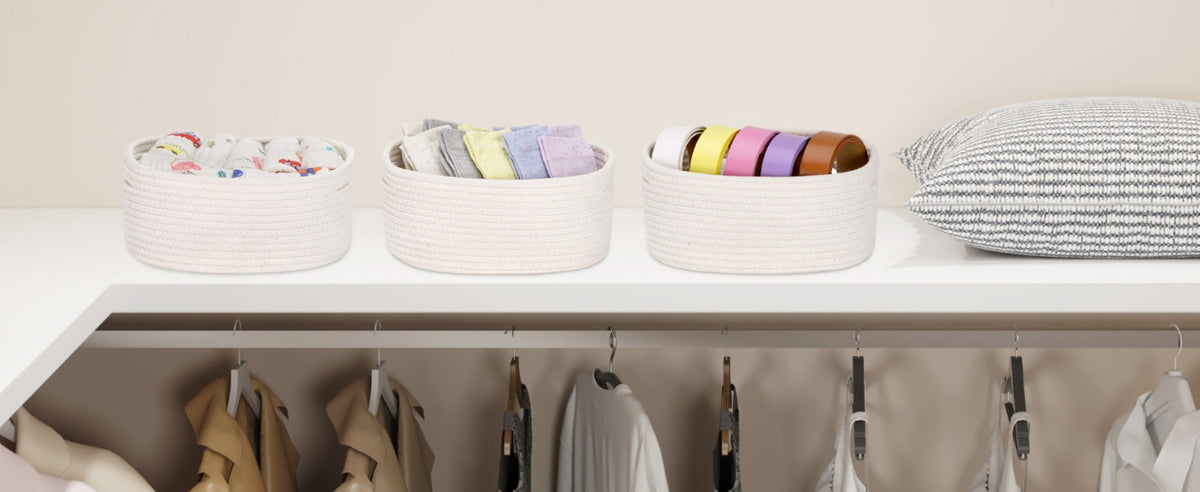 Woven Storage Baskets 6-Pack Cotton Rope Cube Bins 11x7x5" | Handmade Small Shelf Baskets for Organizing Closet Bedroom Living Room Playroom | Round Decorative Storage Caddy Multiple Colors