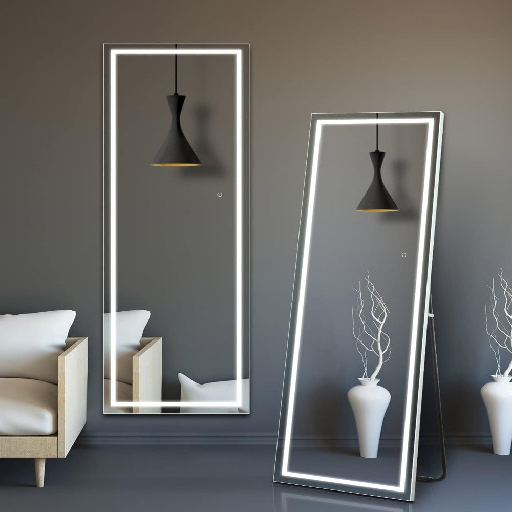 Full Length Mirror with LED Lights & Touch Sensor – 64"x21" Dimmable Smart Floor Mirror, Wall Mount or Freestanding, Slim Modern Frame for Bedroom, Vanity & Dressing Room