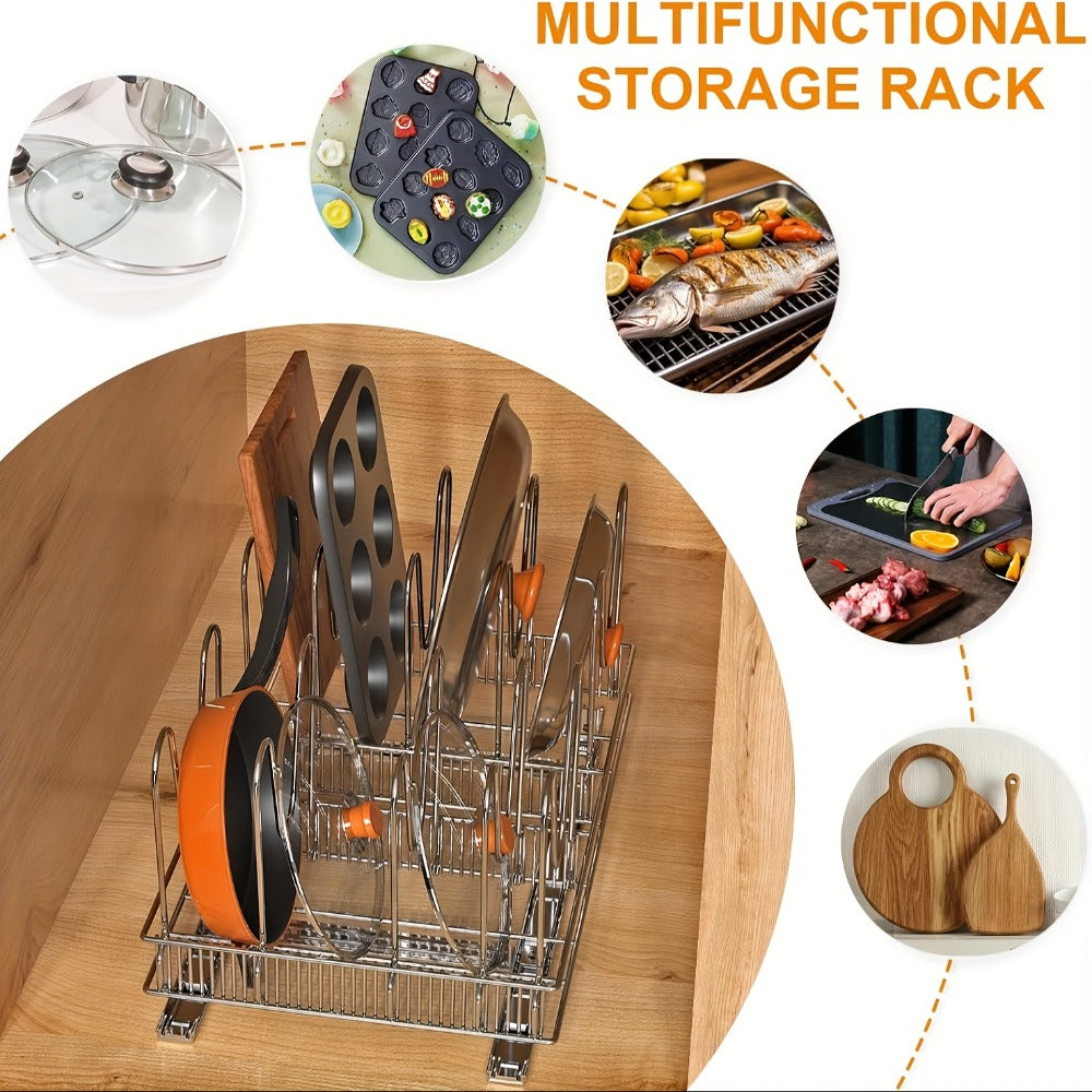 Kitchen Organizer, Cabinet Pot & Pan Organizer Rack 10 Adjustable Dividers, 11"W x 17.5"D x 8.3"H, Chrome Steel Kitchen Storage
