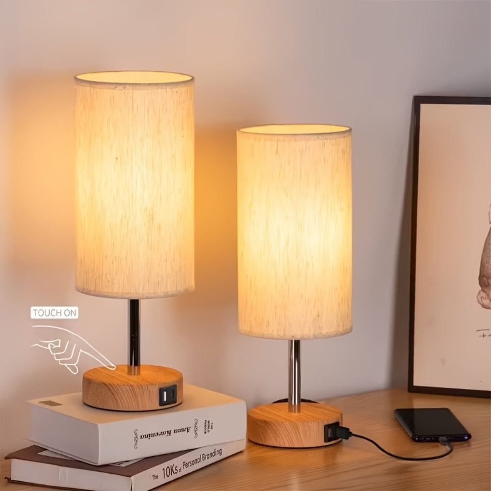 Table Lamp, Wood Base Round Burlap Shade, AC Outlet & A19 LED Bulb Included for Bedroom Living Room Office