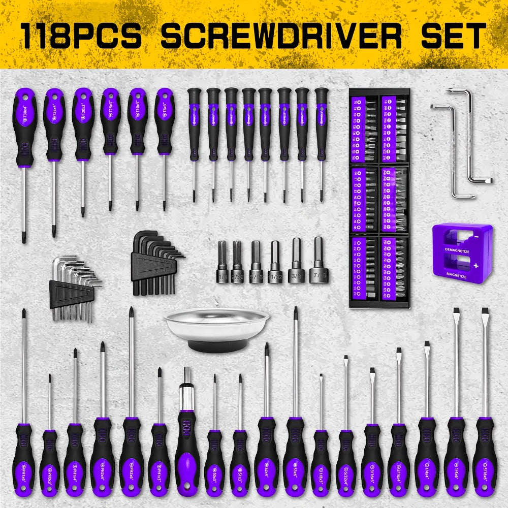 Magnetic Screwdriver Set, 118-Piece Chrome Vanadium Steel Tool Kit with Storage Rack and Magnetic Bowl for Repairs