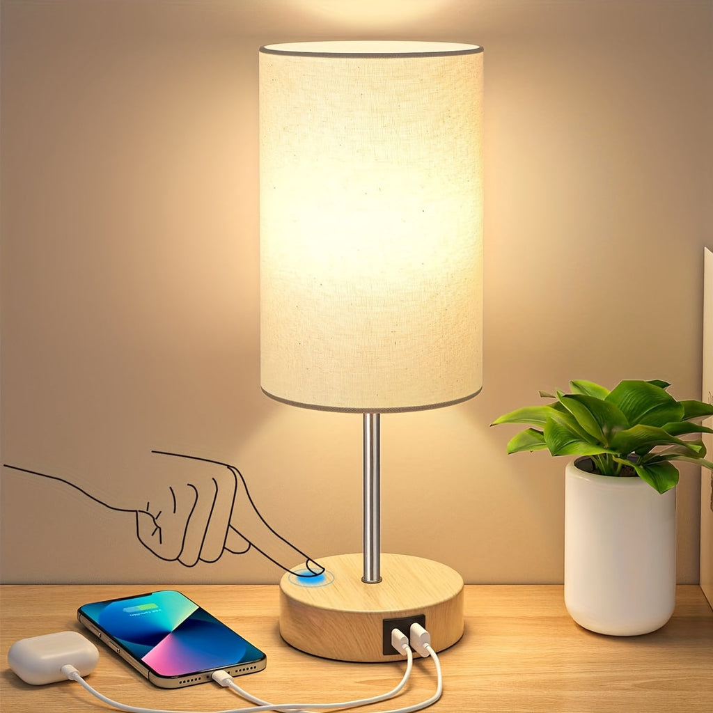 Table Lamp, Wood Base Round Burlap Shade, AC Outlet & A19 LED Bulb Included for Bedroom Living Room Office