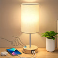 Table Lamp, Wood Base Round Burlap Shade, AC Outlet & A19 LED Bulb Included for Bedroom Living Room Office