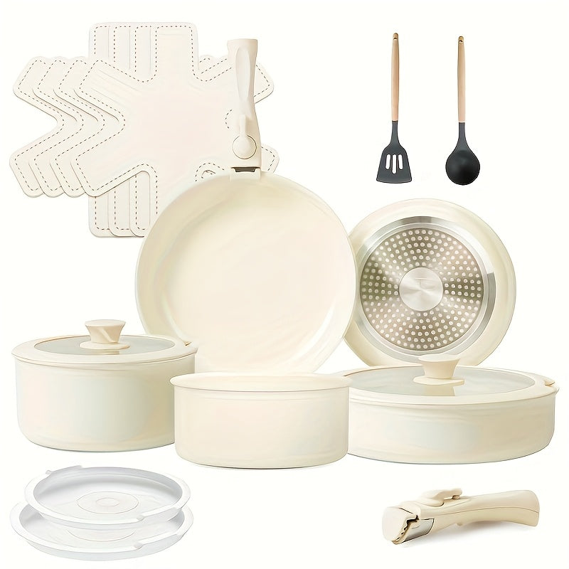 Nonstick Ceramic Cookware Set 17 Piece Pots and Pans with Removable Handles