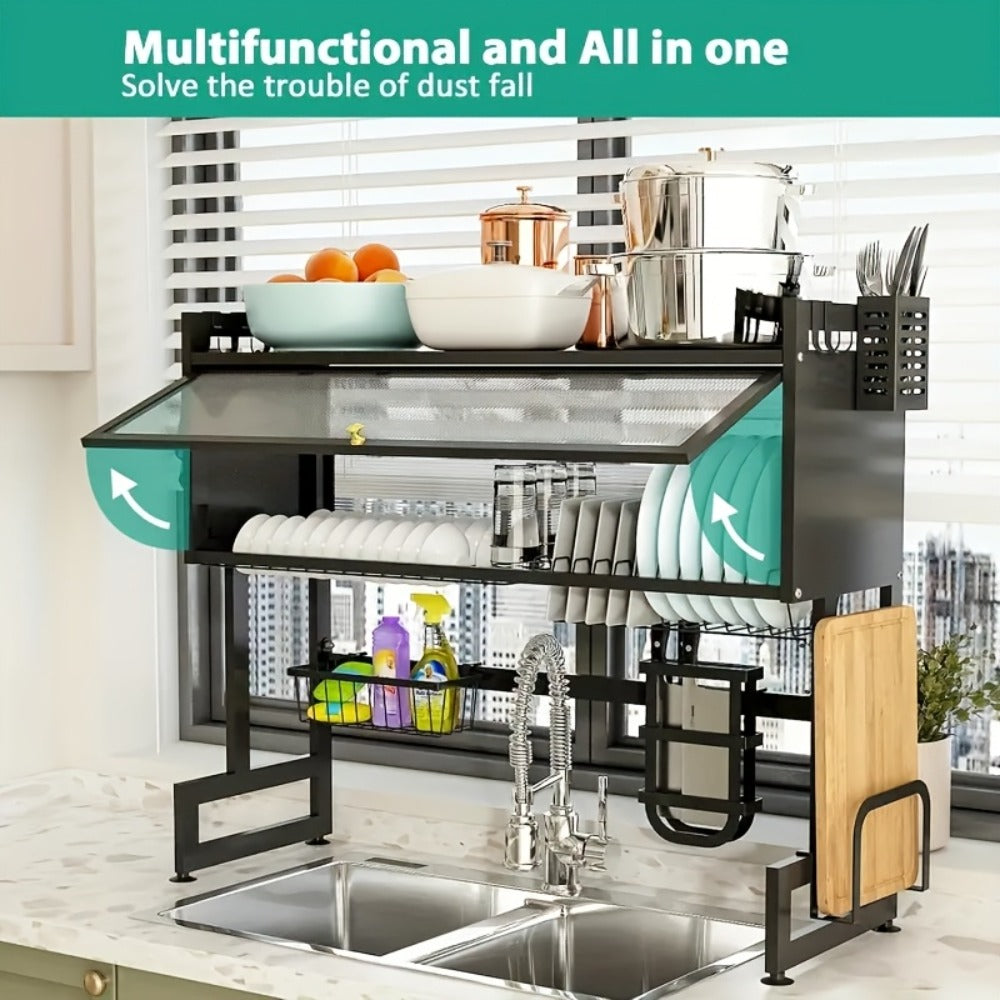 Dish Drying Rack, Multi-Layer Kitchen Countertop Organizer, Dust-Free Drainer for Plates Bowls Utensils