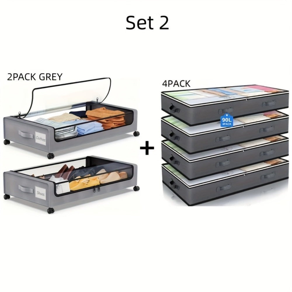 Foldable Under-Bed Organizer Bins with Wheels and Zippered Lids for Clothing and Bedding Storage, Storage Containers