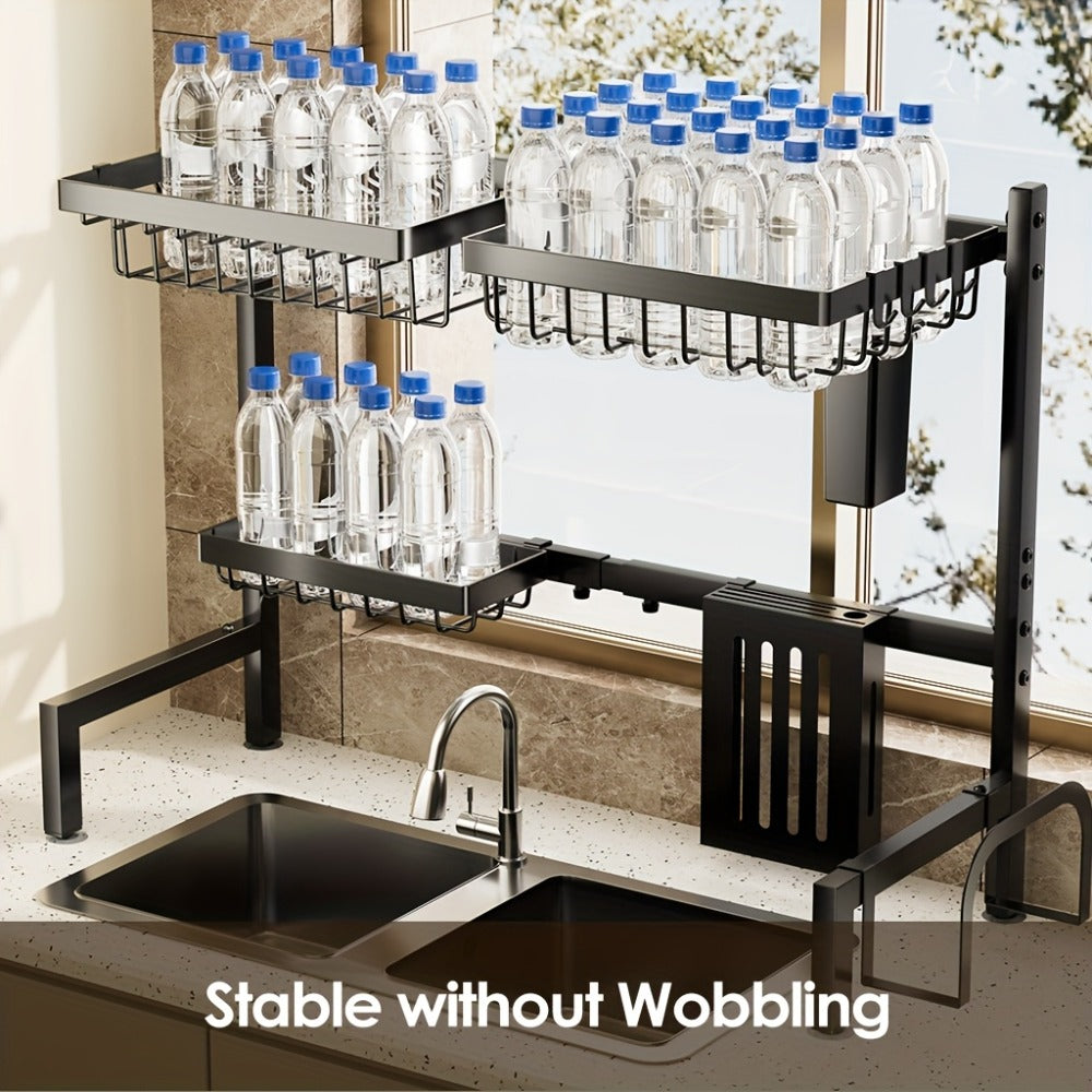 Over-the-Sink Dish Drying Rack, Adjustable Two-Tier 304 Stainless Steel Kitchen Organizer for 30 to 34-Inch Widths