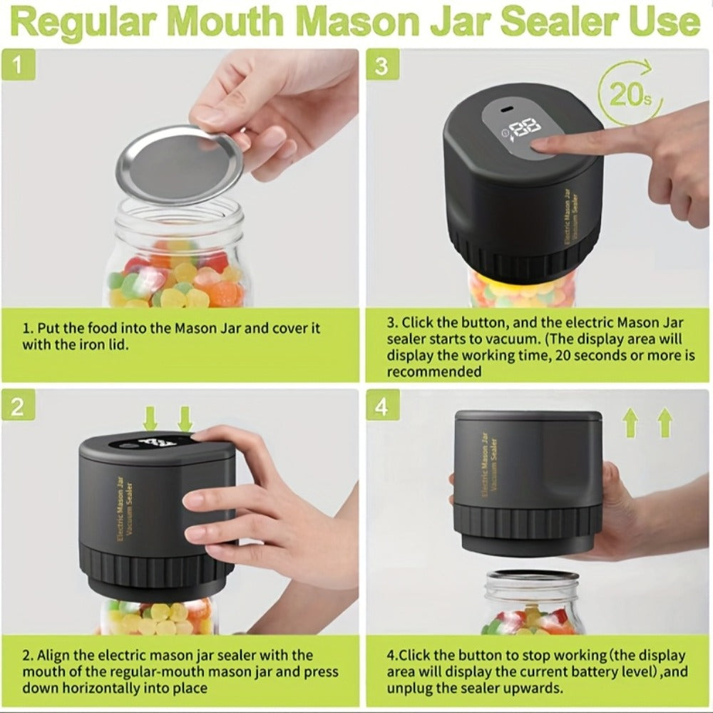 Electric Mason Jar Sealer One-Touch Vacuum Seal with Regular Mouth Lids
