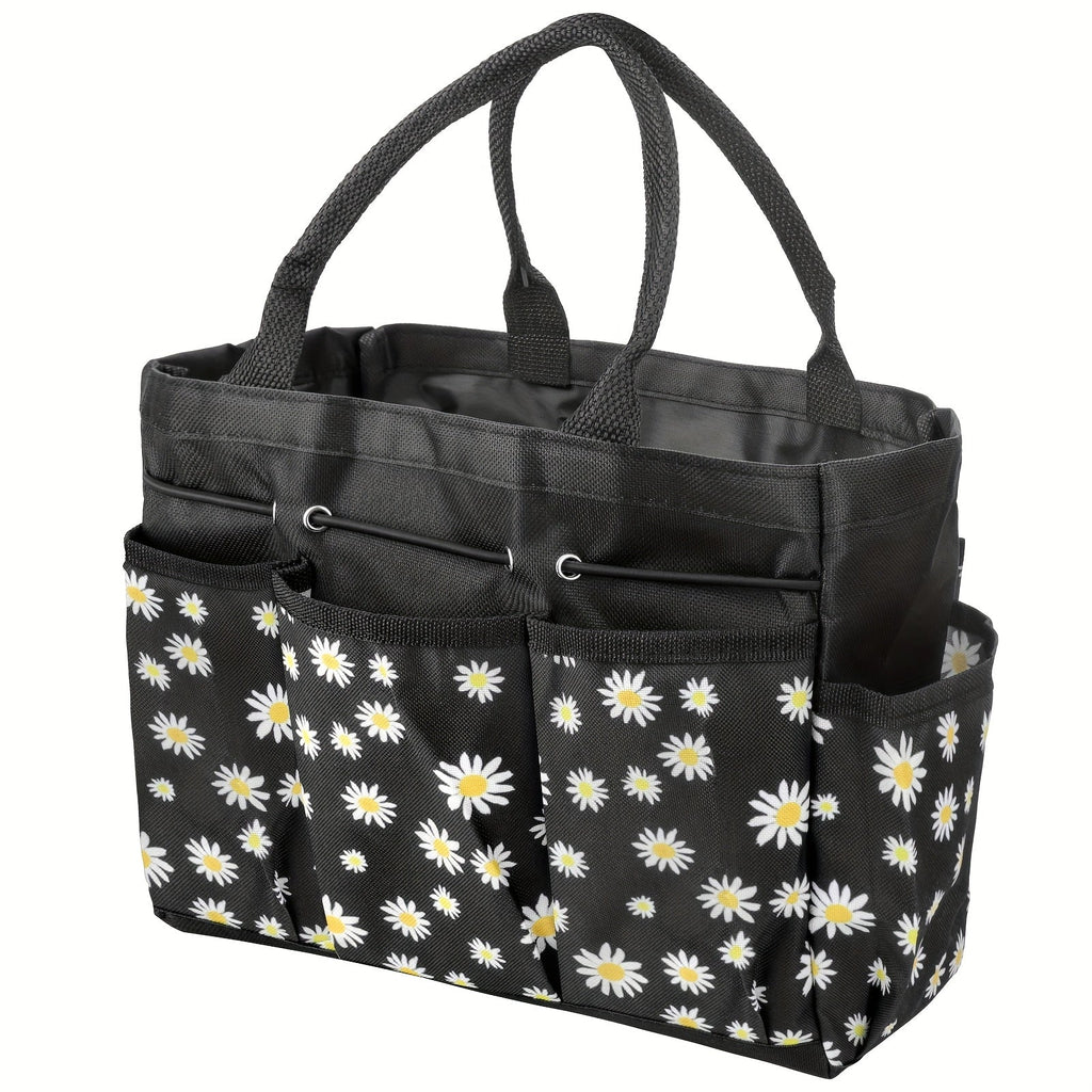 Garden Tool Bag Heavy Duty Multi-Pocket Organizer – Large Capacity Tool Storage Carrier Tote for Gardening, Lawn Care, Camping & Outdoor Work, Portable Daisy Pattern, Black & Gray (No Tools Included)