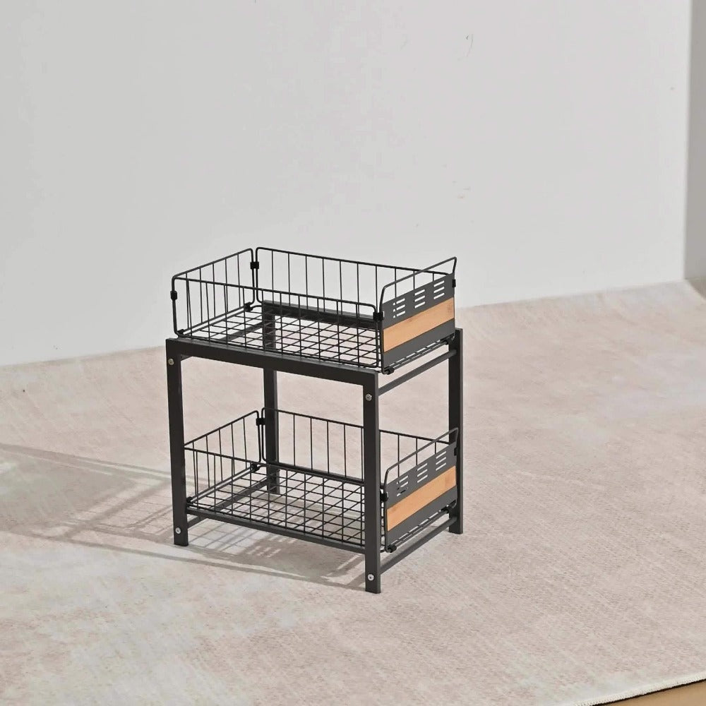 Under Cabinet Organizer in a Carbon Steel Design with Wood Accents