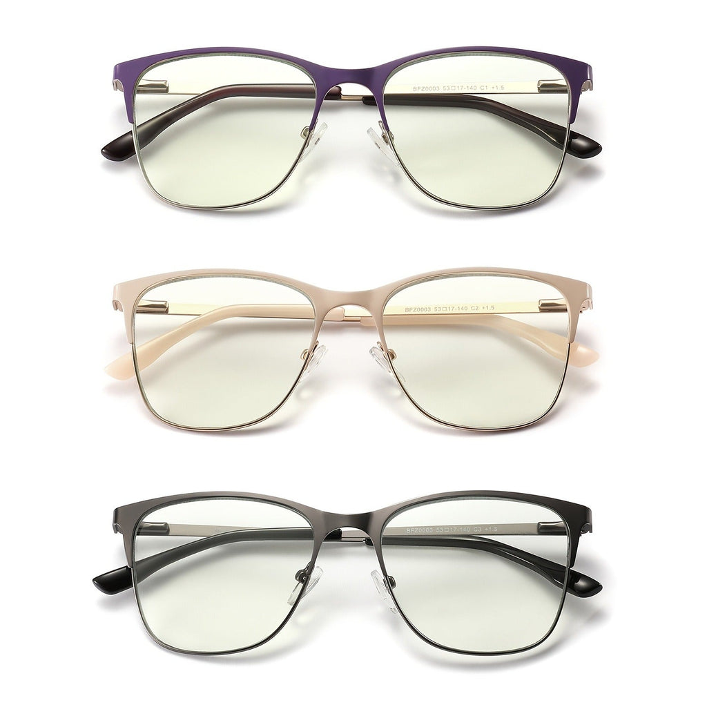 Anti Blue Light Reading Glasses 3 Pack Metal Frame Rectangular Readers – Polycarbonate Lenses, Spring Hinges, Unisex Men Women Mixed Colors, Multiple Magnification Strengths for Reading and Screen Use