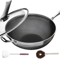 Stainless Steel Wok Set 13.3 Inch Non-stick Honeycomb Design with Lid & 2 Cookware Accessories – Induction Compatible Cooking Pan for Electric Ceramic Gas Stove, Dishwasher Safe