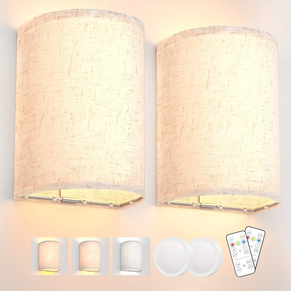 Rechargeable Wall Sconce, Set of 2 Wireless Fabric Shade Wall Light, No Wiring for Bedroom Living Room Hallway Decor