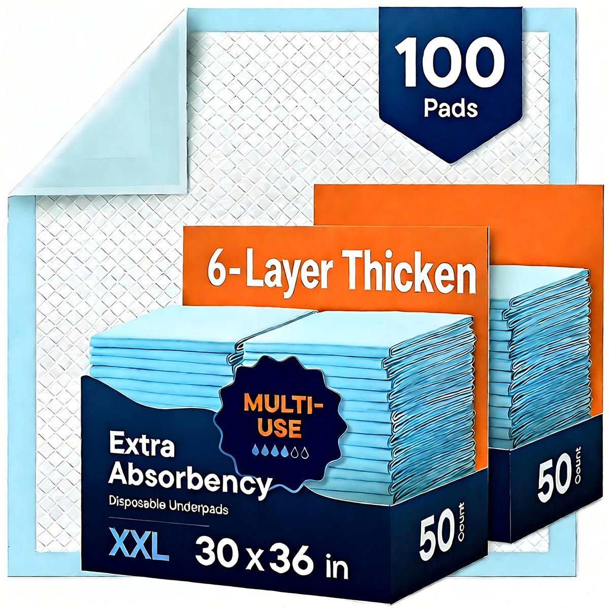 Disposable Bed Pads Extra Large 30x36 Inch – 6-Layer Absorbent Leak-Proof Underpads for Adults, Seniors, Postpartum, Pets & Incontinence Care – 50 or 100 Pack
