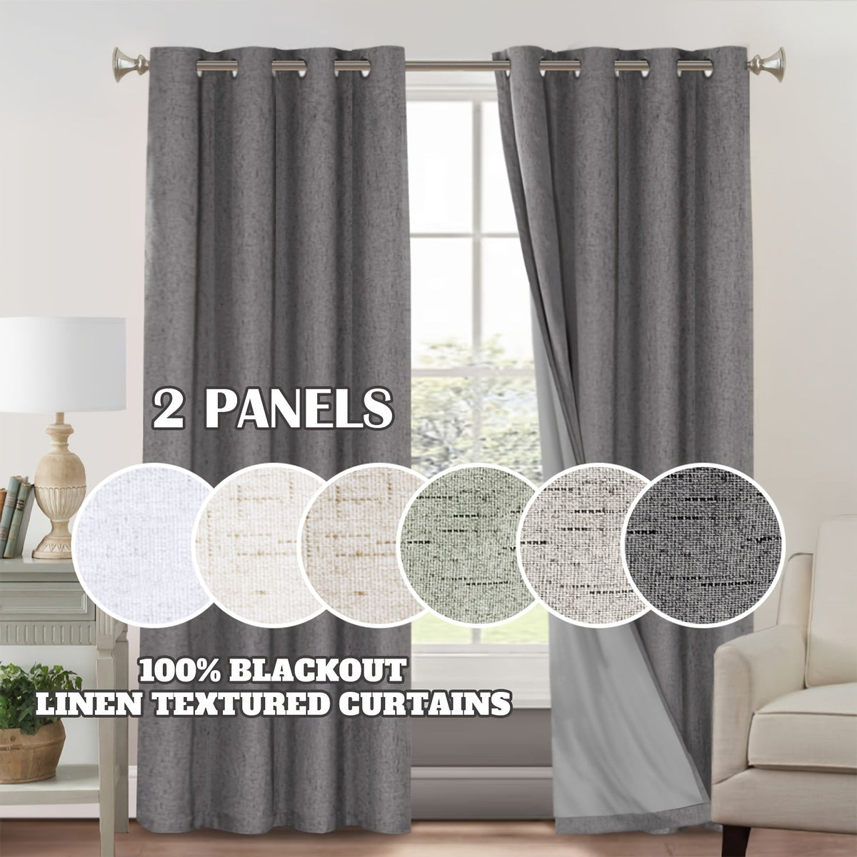 Blackout Curtains 2 Panels 100% Blackout Linen Textured Thermal Insulated Grommet Window Drapes Noise Reducing for Bedroom Living Room Hall - Full Light Blocking Room Darkening Curtains