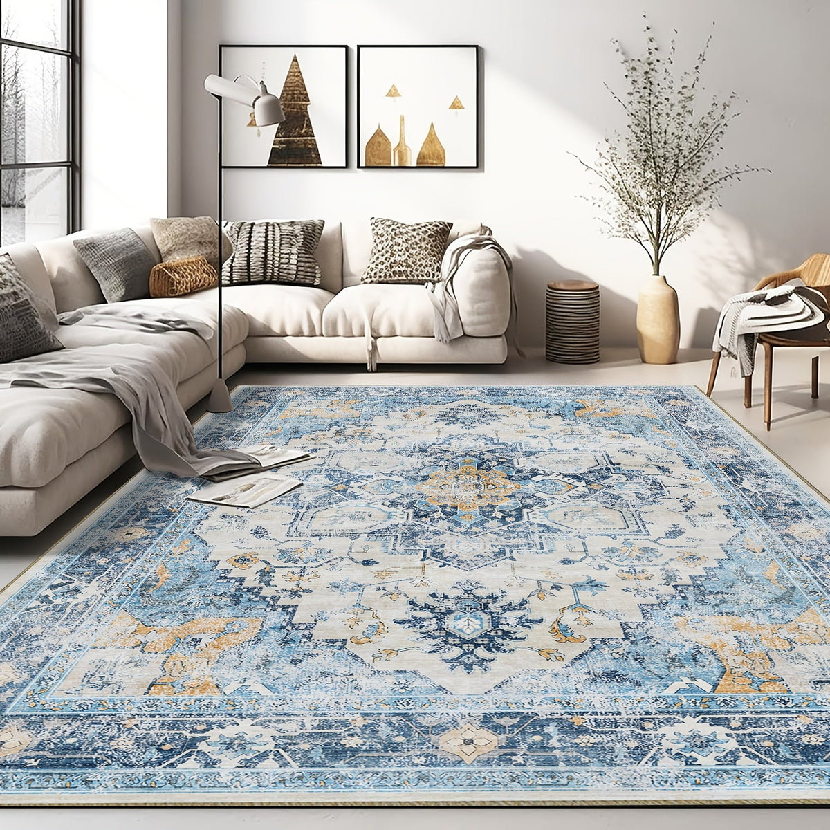 Moroccan Boho Area Rug Machine Washable Low Pile Soft Indoor Carpet for Living Room Bedroom Office Neutral Blue Brown Red Multi-Size