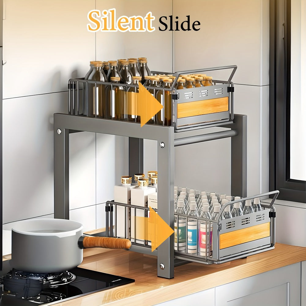 Under Cabinet Organizer in a Carbon Steel Design with Wood Accents