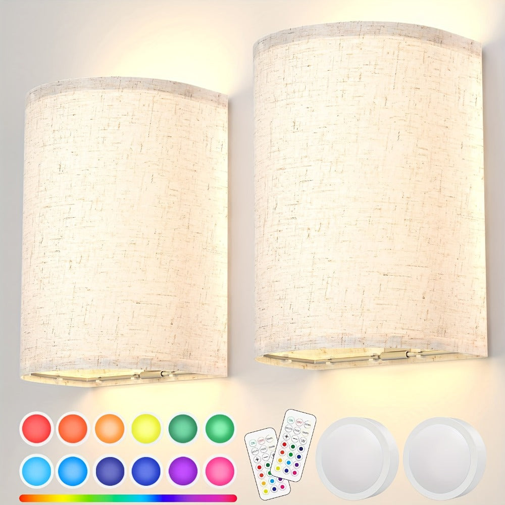Rechargeable Wall Sconce, Set of 2 Wireless Fabric Shade Wall Light, No Wiring for Bedroom Living Room Hallway Decor