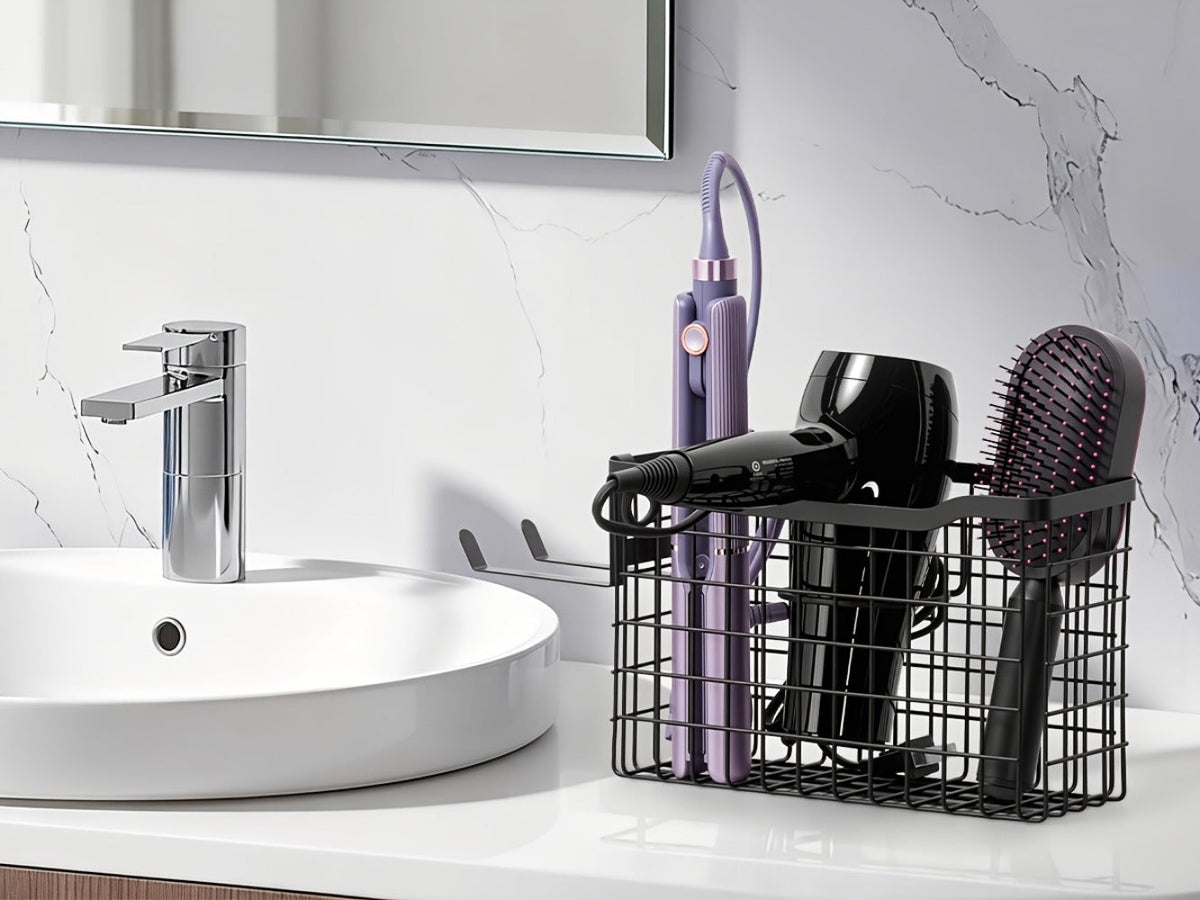 Hair Tool Organizer Wall Mounted Holder for Hair Dryer Curling Iron Straightener 3 Adjustable Heights Bathroom Storage