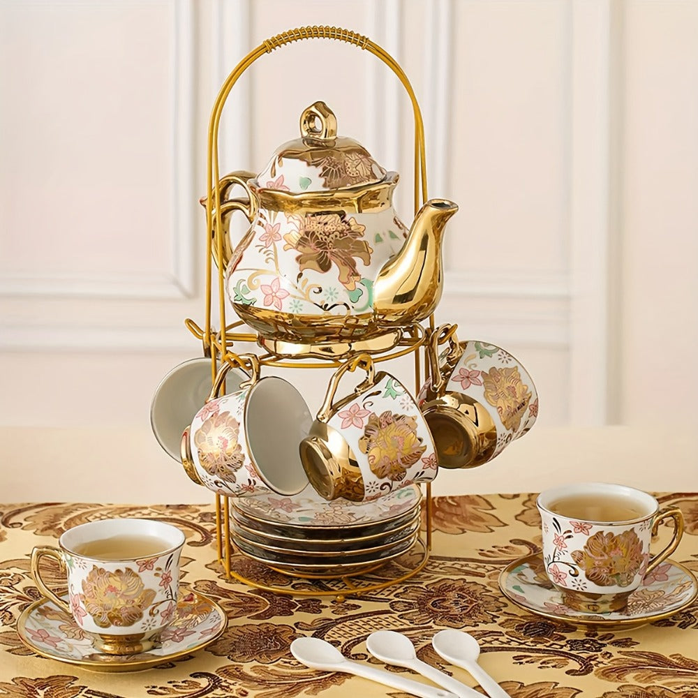 20-Piece Floral Ceramic Tea Set with Saucers & Metal Stand | European Afternoon Tea Service, Blooming Design, Complete Tea Accessories, Gift for Tea Lovers