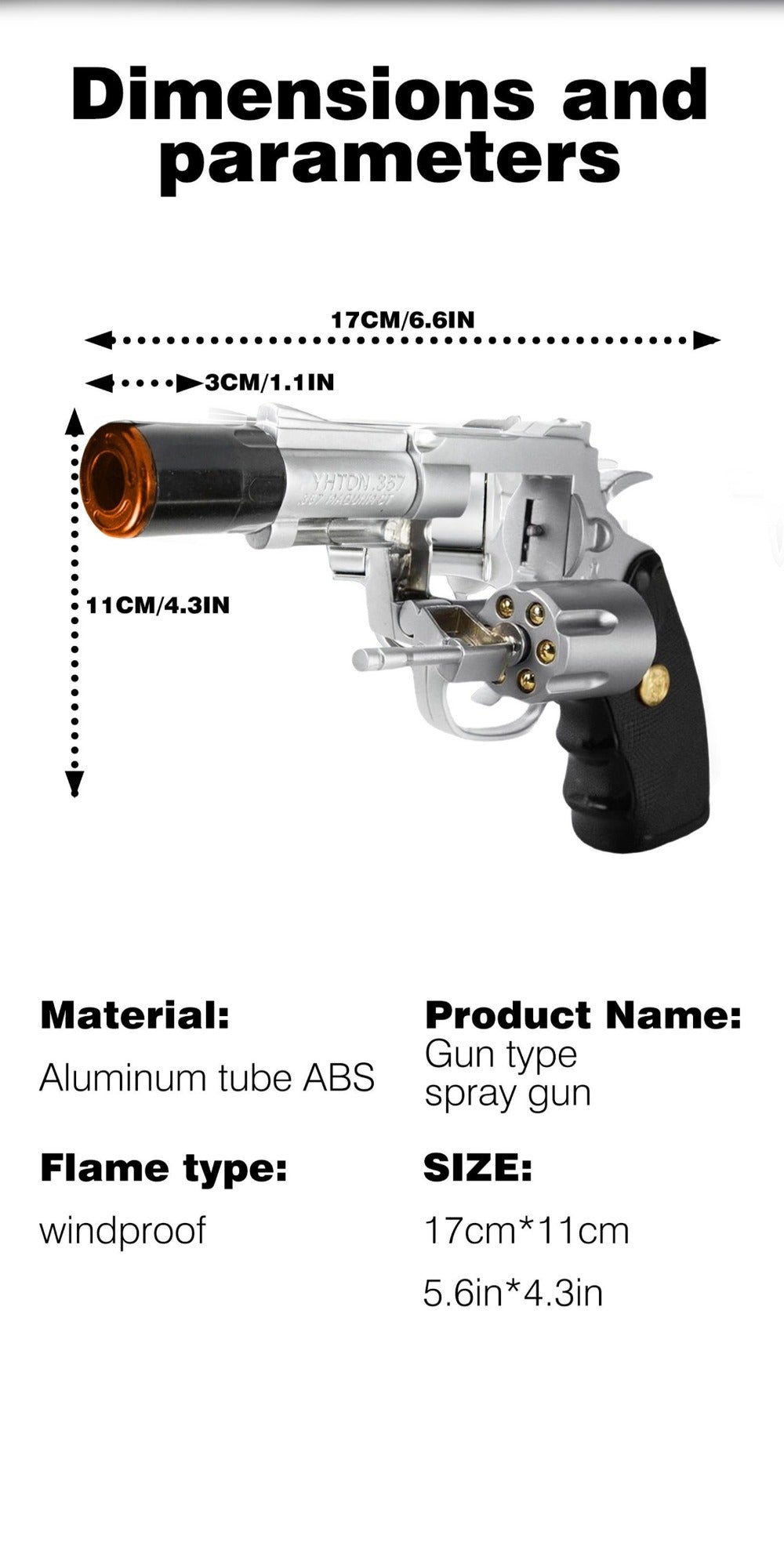 Lighter with Adjustable Flame and Pistol Revolver & Wheel Design for Camping Outdoor Cooking Grilling BBQ Charcoal Lighting