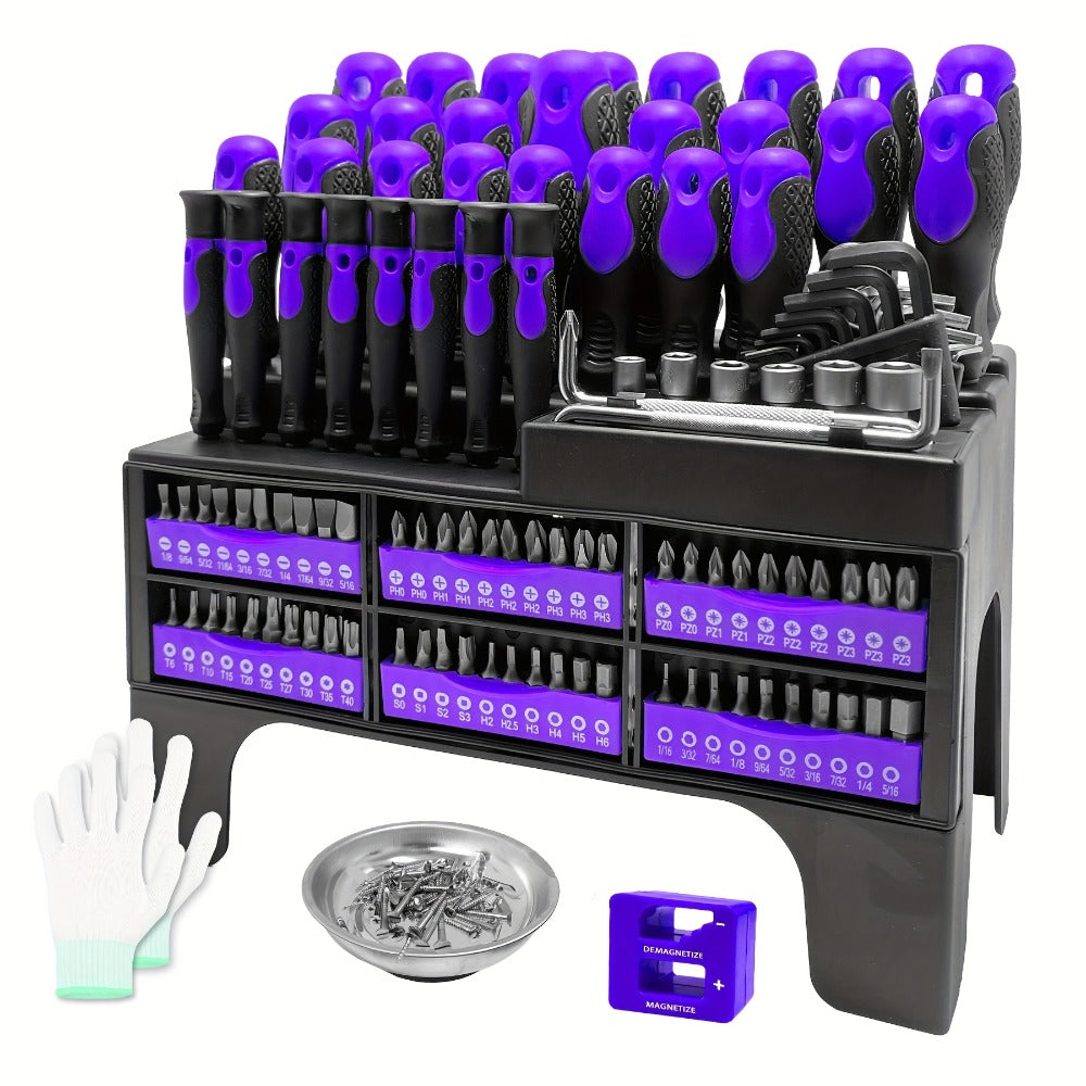 Magnetic Screwdriver Set, 118-Piece Chrome Vanadium Steel Tool Kit with Storage Rack and Magnetic Bowl for Repairs