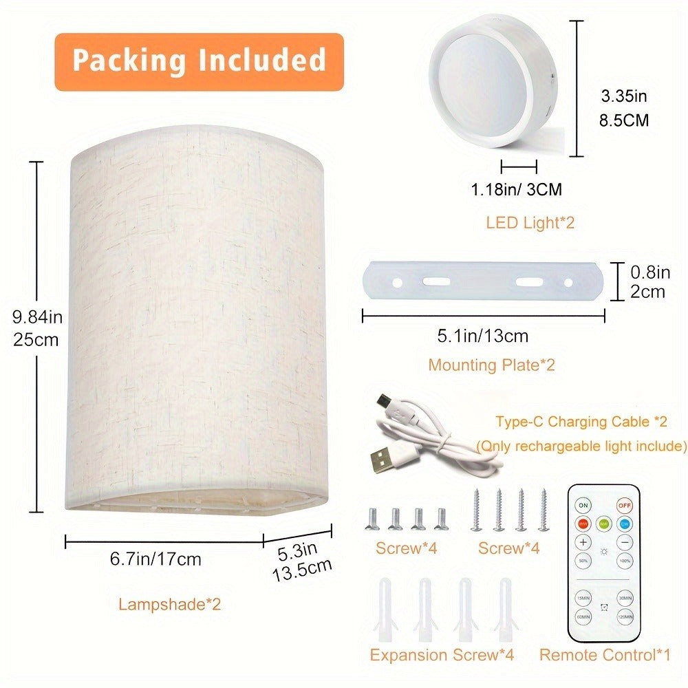 Rechargeable Wall Sconce, Set of 2 Wireless Fabric Shade Wall Light, No Wiring for Bedroom Living Room Hallway Decor