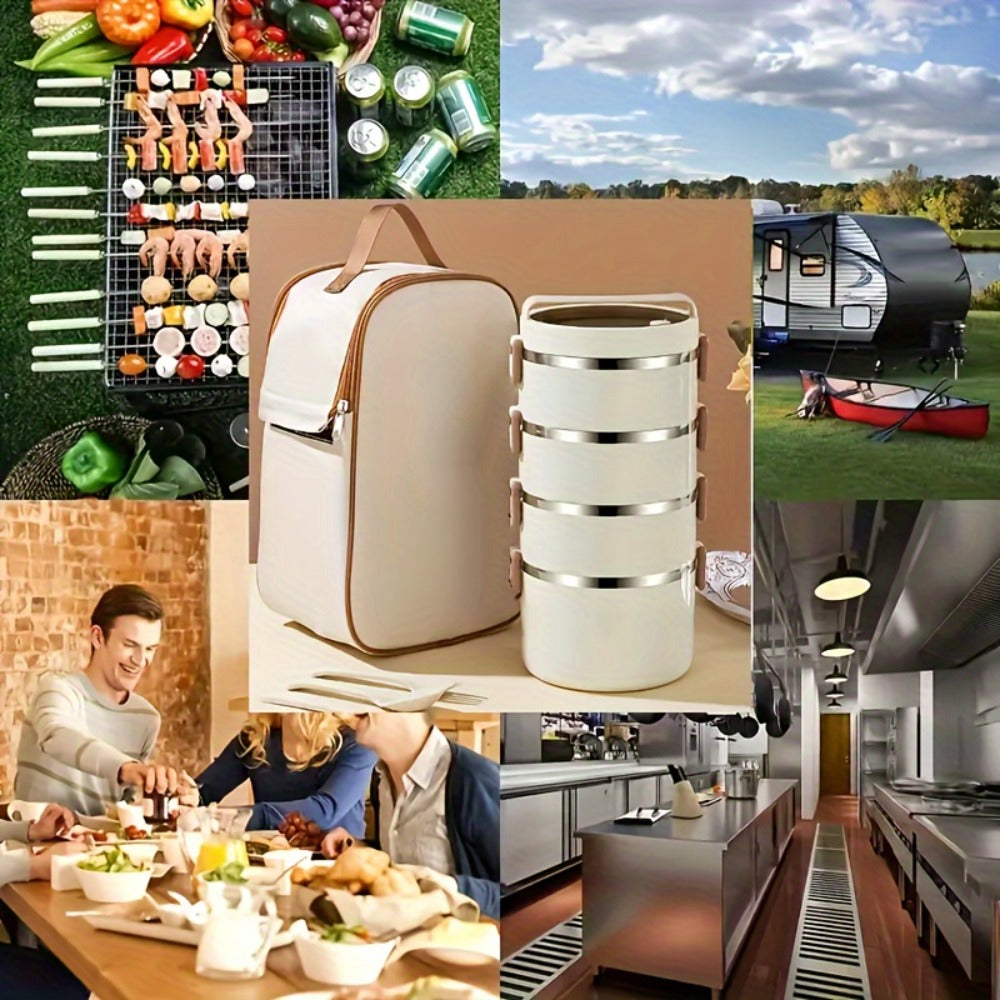 Steel Lunch Box with Carry Bag and Cutlery for Camping Picnic School Office and Outdoor Adventures