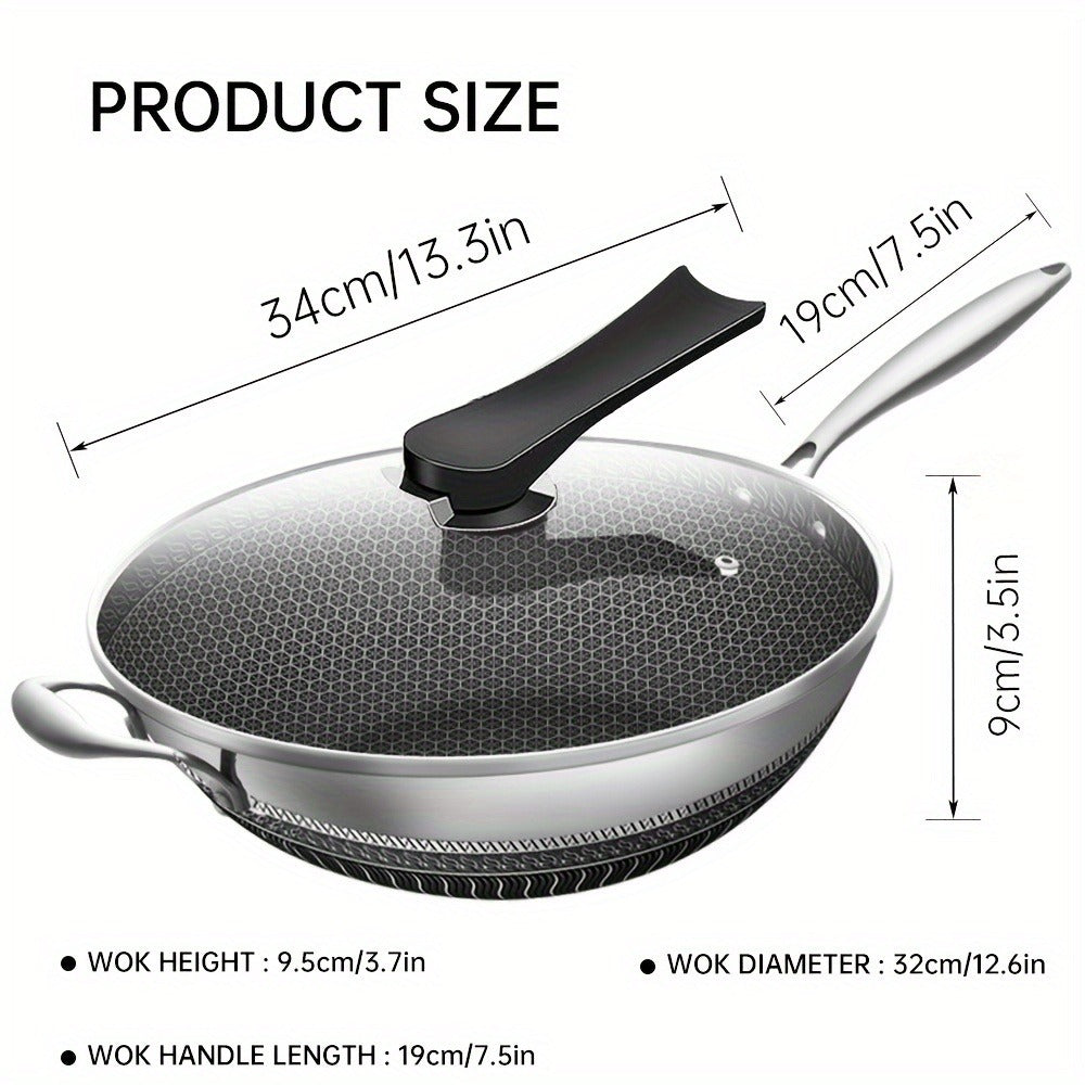 Non-Stick Stainless Steel Wok with Lid and Spatula, 13.3 Inch for Stir Fry
