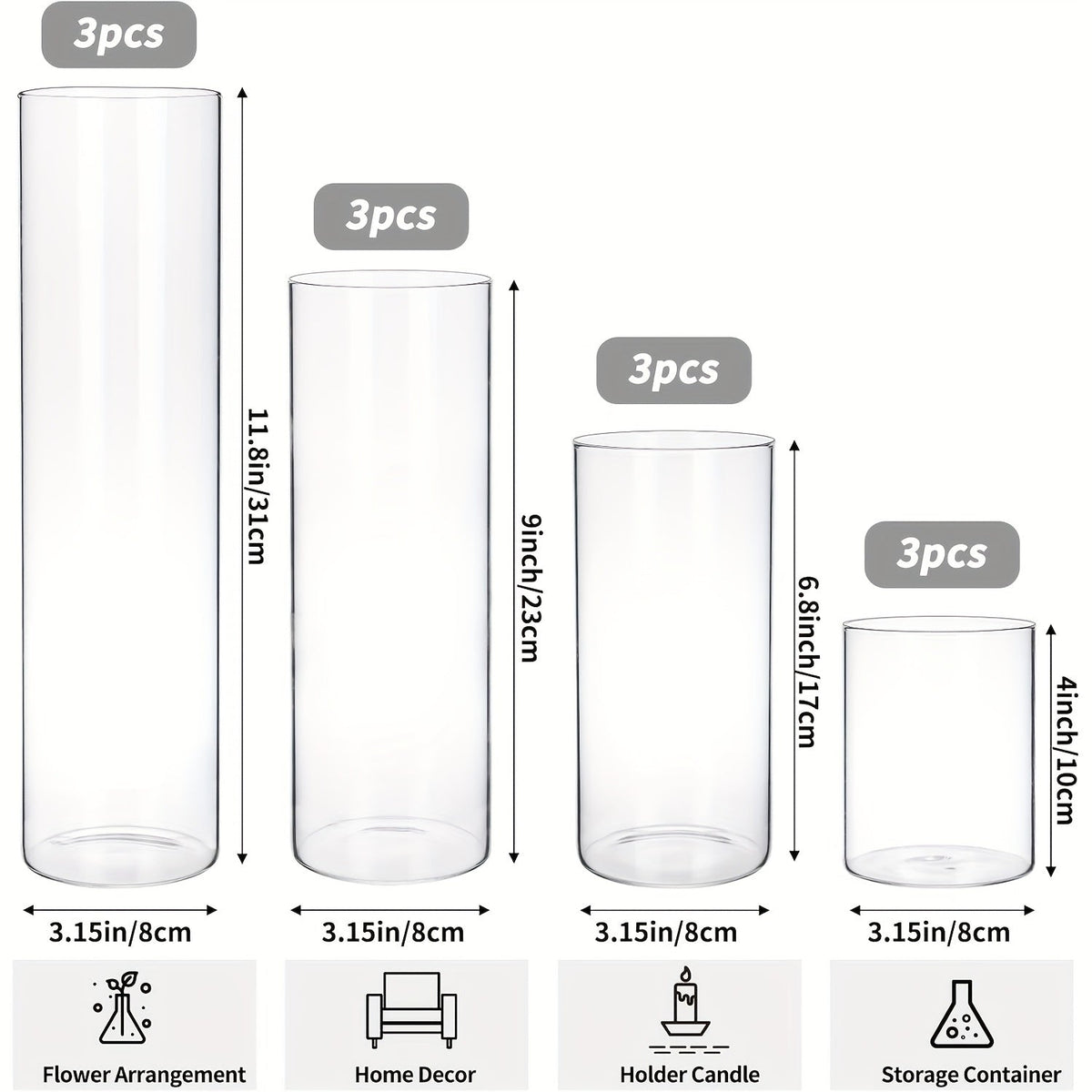 Clear Cylinder Glass Vases Set Wedding Centerpieces Home Decor
